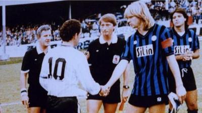 Merthyr Tydfil captain Andy Beattie greets Atalanta captain Glenn Strömberg at Penydarren Park before the First leg of their tie in the European Cup Winners' Cup.