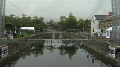 The temporary Meccano bridge has been built across Belfast's Clarendon Dock