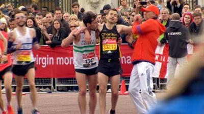 Matthew Rees helps David Wyeth cross the line