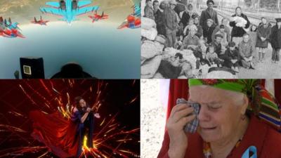 Images showing the view from a Russian pilot’s cockpit flying over Crimea, Jamala, a woman crying at a deportation commemoration, and an archive photo of Crimean Tatars in 1944