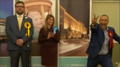 Clive Lewis celebrates retaining his seat in Norwich South