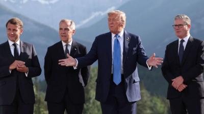 World leaders are talking to the press during the G7 summit in Kananaskis, Alberta, Canada.