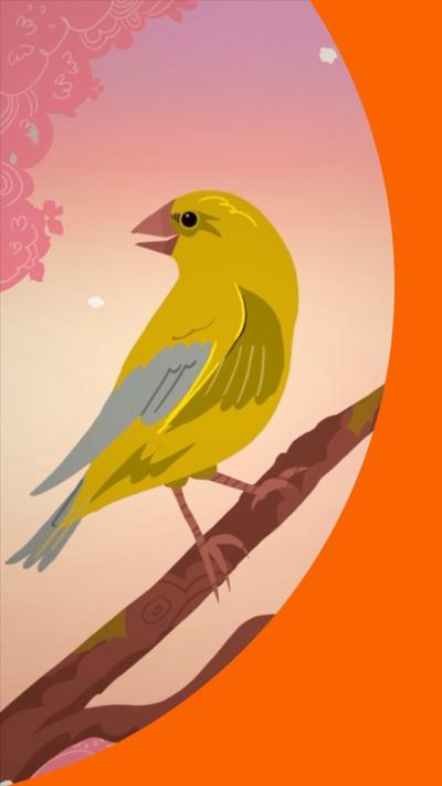  A still of an animation, showing a yellow, grey and green bird standing on a branch in front of a pink sky.