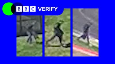 Three screengrabs from CCTV footage of the Charlie Kirk killer escaping from Utah Valley University, with BBC Verify branding