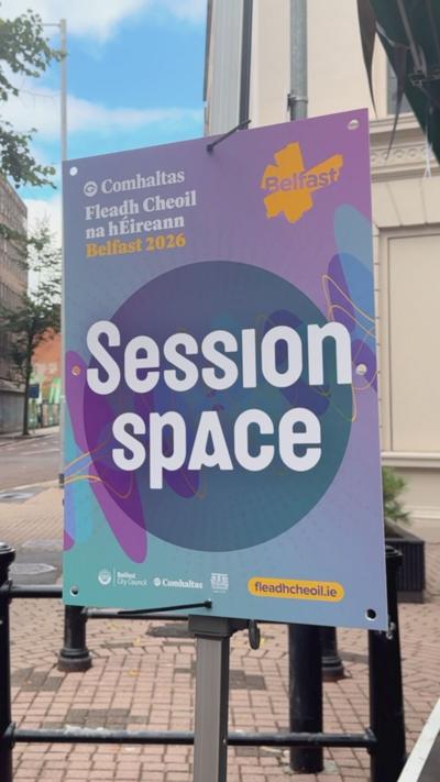 A close up still of a poster displaying 'Session Space' outside a venue in Belfast city centre.