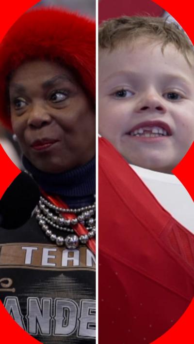 Splitscreen of a woman talking and a child smiling