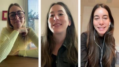 Composite image of the three Haim sisters speaking to Jack Saunders via video call