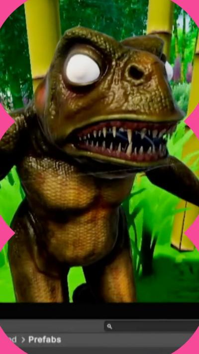 A frog video game character with white eyes and sharp teeth.