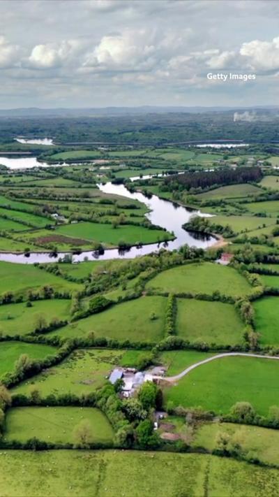 An aerial shot of some fields. 