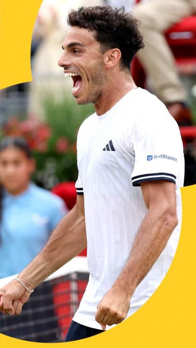 Francisco Cerundolo celebrates making it to the finals of the Queen's Club Championships
