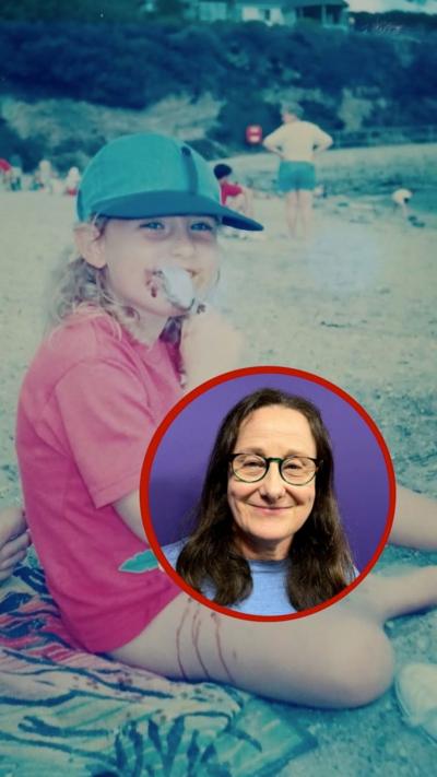 A girl on a beach eating an ice cream. She has a red t-shirt and green top. An inset image shows her mum with long brown hair, glasses and a light blue top