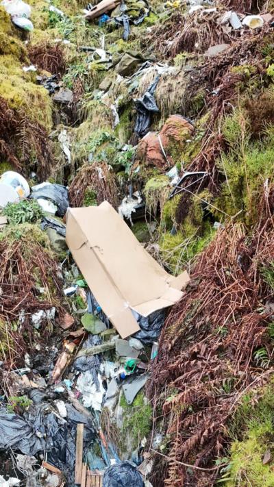 A green and yellow grassy mountain with large amounts of rubbish covering it. Boxes, plastics, bin bags and more can all be seen in a crevice in the mountain that stretches from the bottom to the top of the frame.