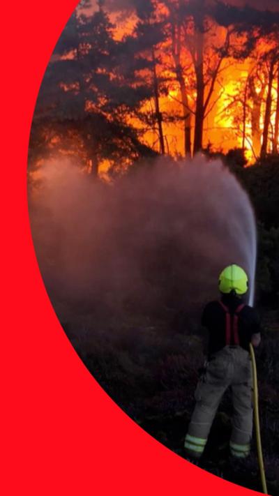 A firefighter using a hose, next to a fire and trees