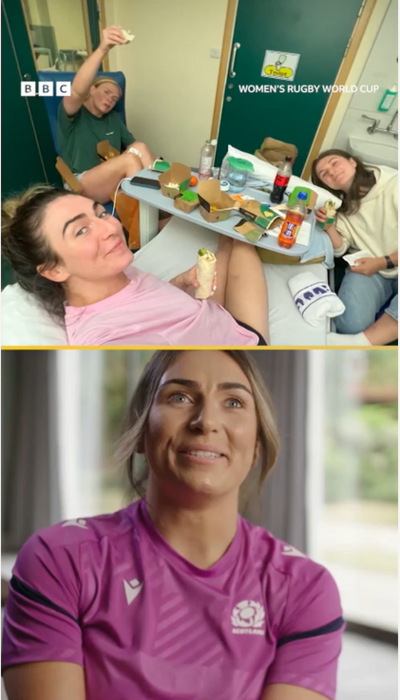 Split screen image with two separate picture. The bottom image is of a woman wearing a pink top smiling at the camera. The top image shows three women in hospital taking a selfie, with one woman in the hospital bed and the other two surrounding her. There is a table of food and drinks in the middle of them over the bed.