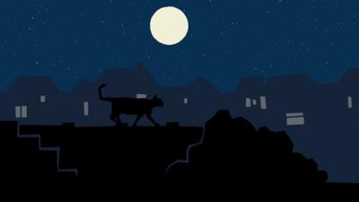 An illustration of a cat silhouetted by the moon.