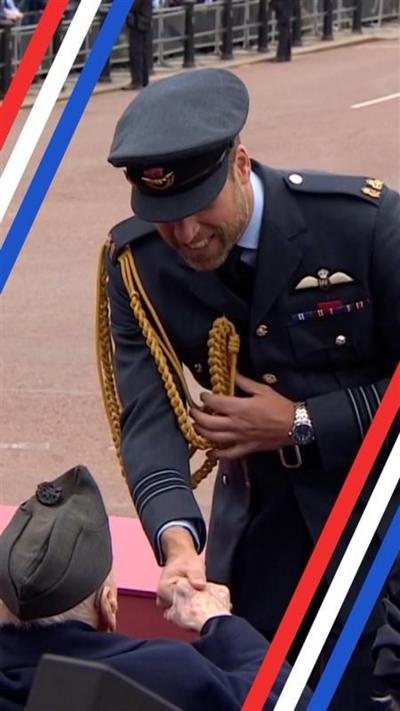 Prince William wears uniform as he smiles and shakes hands with a veteran