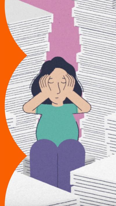 An illustration of a woman sitting down with her head in her hands, surrounded by stacks of newspapers