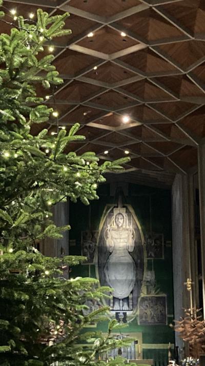 A christmas tree inside Coventry Cathedral