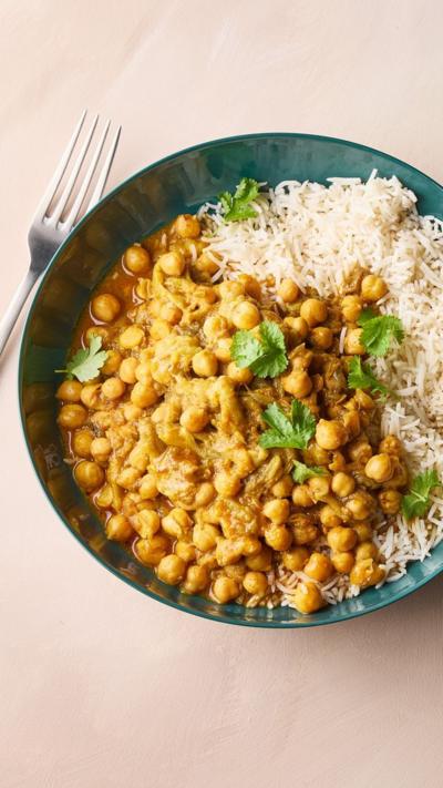 Top down view of a blue bowl filled with chickpea curry on one side and rice on the other.