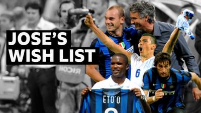 Jose Mourinho with his four Inter Milan signings Wesley Sneijder, Samuel Eto'o, Diego Milito and Lucio