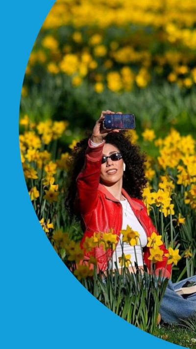 Woman sits amongst daffodils taking a selfie