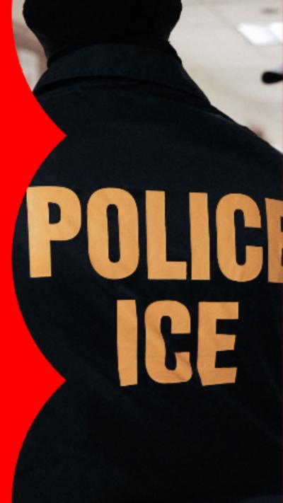 The back of an ICE officer reads 'Police ice'