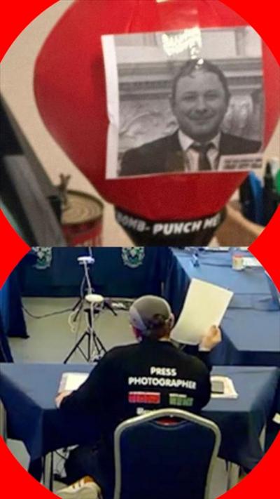 A composite image of a photo taped to a punchbag, and a man holding up a piece of paper in a meeting
