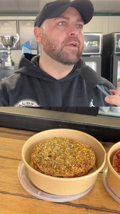 A split screen image of a man in a black cap, wearing a black hoodie. On the lower part of the image there is a pie with a green crumb topping, in a brown cardboard circular box.