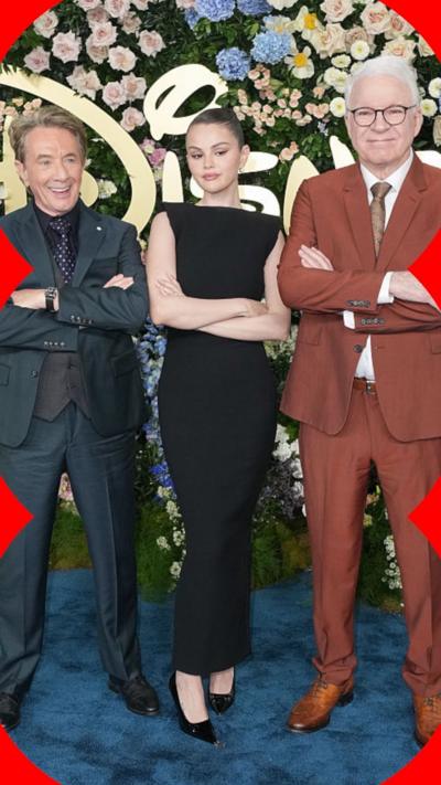 (L-R) Martin Short, Selena Gomez and Steve Martin attend the 2025 Disney Upfront at Javits Center