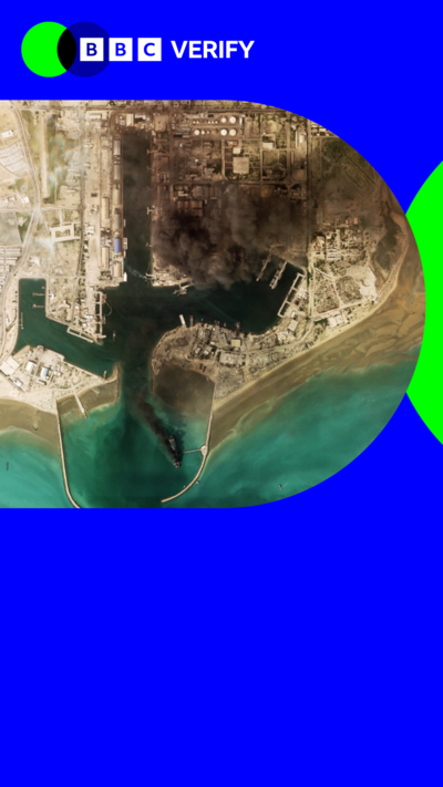 A satellite image of a harbour with smoke rising and BBC Verify branding