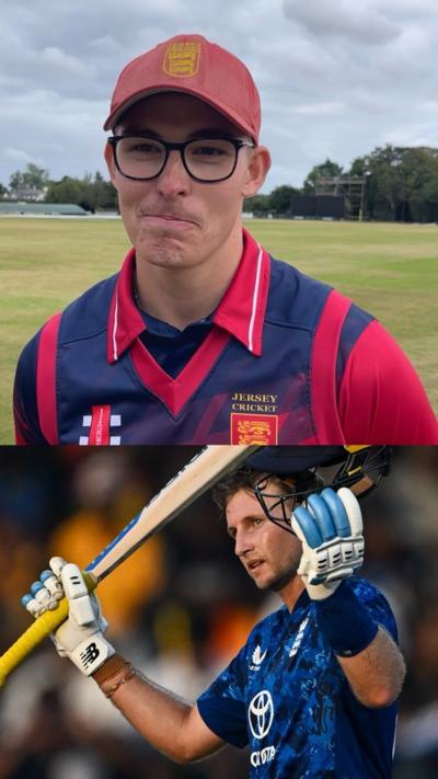A split screen showing two cricketers, Asa Tribe and Joe Root
