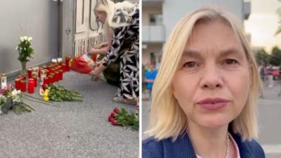 A composite image of Bethany Bell and mourners laying flowers and candles