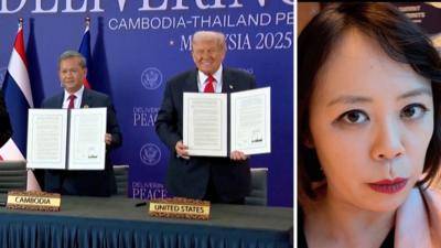 A composite image showing a smiling Donald Trump on the left and BBC's Tessa Wong on the right.