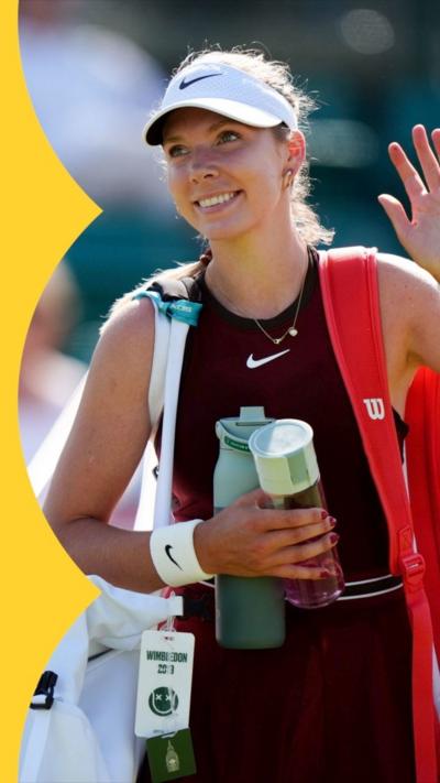 Katie Boulter with her bag and racket over her shoulder waving and smiling