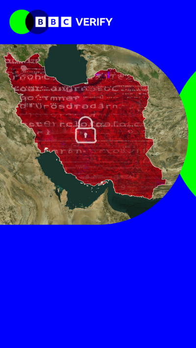 A map of Iran has a lock symbol imposed over it. It is ssurrounded by the BBC Verify colours and branding. 