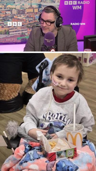 Split screen graphic with male presenter above wearing grey jacket and headphones in front of a microphone. Below is a young girl, 8, smiling at camera with a fast food meal placed in front of her.