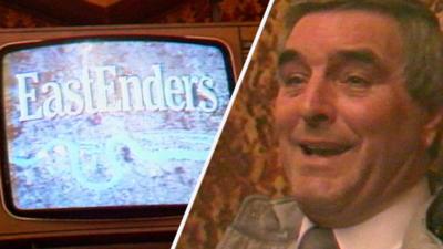 Split thumbnail: (left) EastEnders plays on a television screen. (Right) Man laughs as he is interviewed. 