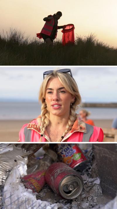 Three images stacked on top of each other: one of a person in hi-vis with an orange bin stood on grass in dunes in early morning light; one of a blonde woman with plaits and sunglasses on her head in pink hi-vis; and a close up of rubbish including coke cans and fanta