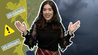 Graphic of BBC weather presenter Sabrina Lee in front of a map with a yellow warning