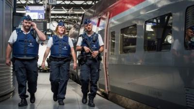 Police officers at Thalys train station in Brussels