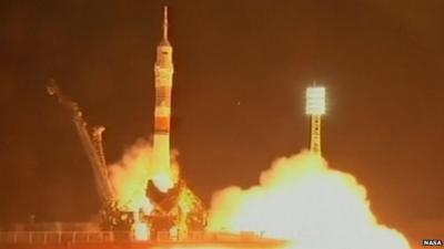 The Soyuz-FG booster rocket with the space capsule Soyuz TMA-14M which launched to the International Space Station from Kazakhstan