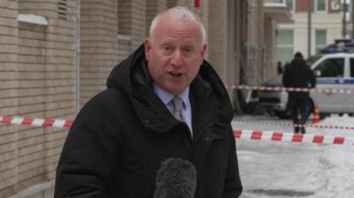 The BBC's Steven Rosenberg outside the building where Lt Gen Igor Kirillov died in an explosion