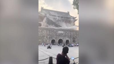 Roof of historic tower collapsing in China
