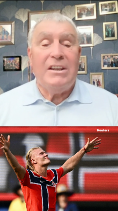 Head and shoulders image of Peter Shilton above an image of Erling Haaland raising his arms in a V-shape in his Norway kit.