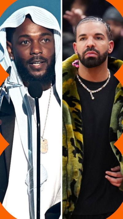 Rappers Kendrick Lamar and Drake both on stage in a split screen image. Kendrick has a white scarf on his head and is addressing an audience after winning an award and Drake is hyping up the crowd with his arms outstretched and has braided hair 