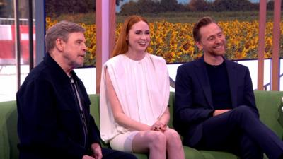 Mark Hamill, Karen Gillan and Tom Hiddleston on The One Show sofa