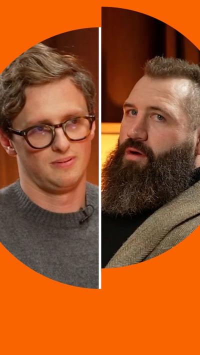 Composite image of Max Fosh and Joe Marler looking at each other. Max looks straight faced, Joe looks shocked