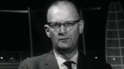 Black and white image of Arthur C Clarke