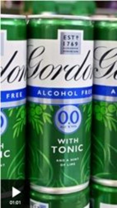 Gordon’s Alcohol Free Gin & Tonic cans displayed on a supermarket shelf. The green-and-white cans are labelled “Alcohol Free”, “0.0% Alc/Vol”, and “With Tonic and a Hint of Lime”, with a partially visible four-pack carton on the right.