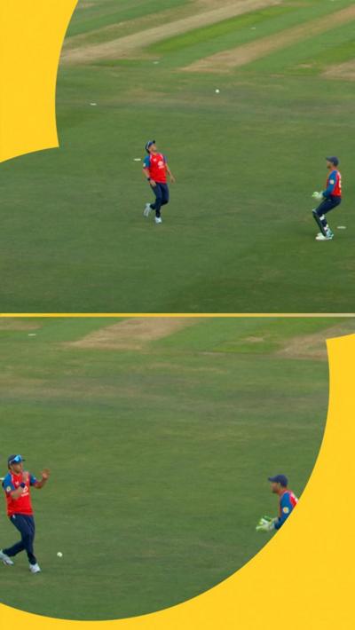 Jos Buttler and Sam Curran both go after the ball but neither catches it